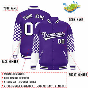 Custom Purple White-Black Checkered Pattern Color Block Bomber Varsity Jacket