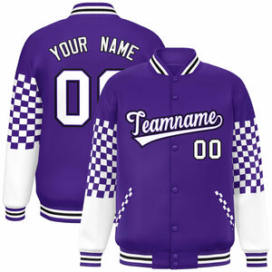 Custom Purple White-Black Checkered Pattern Color Block Bomber Varsity Jacket