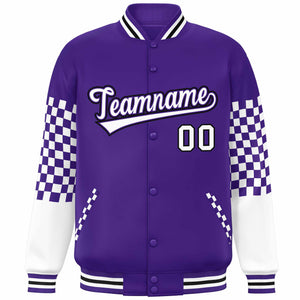 Custom Purple White-Black Checkered Pattern Color Block Bomber Varsity Jacket