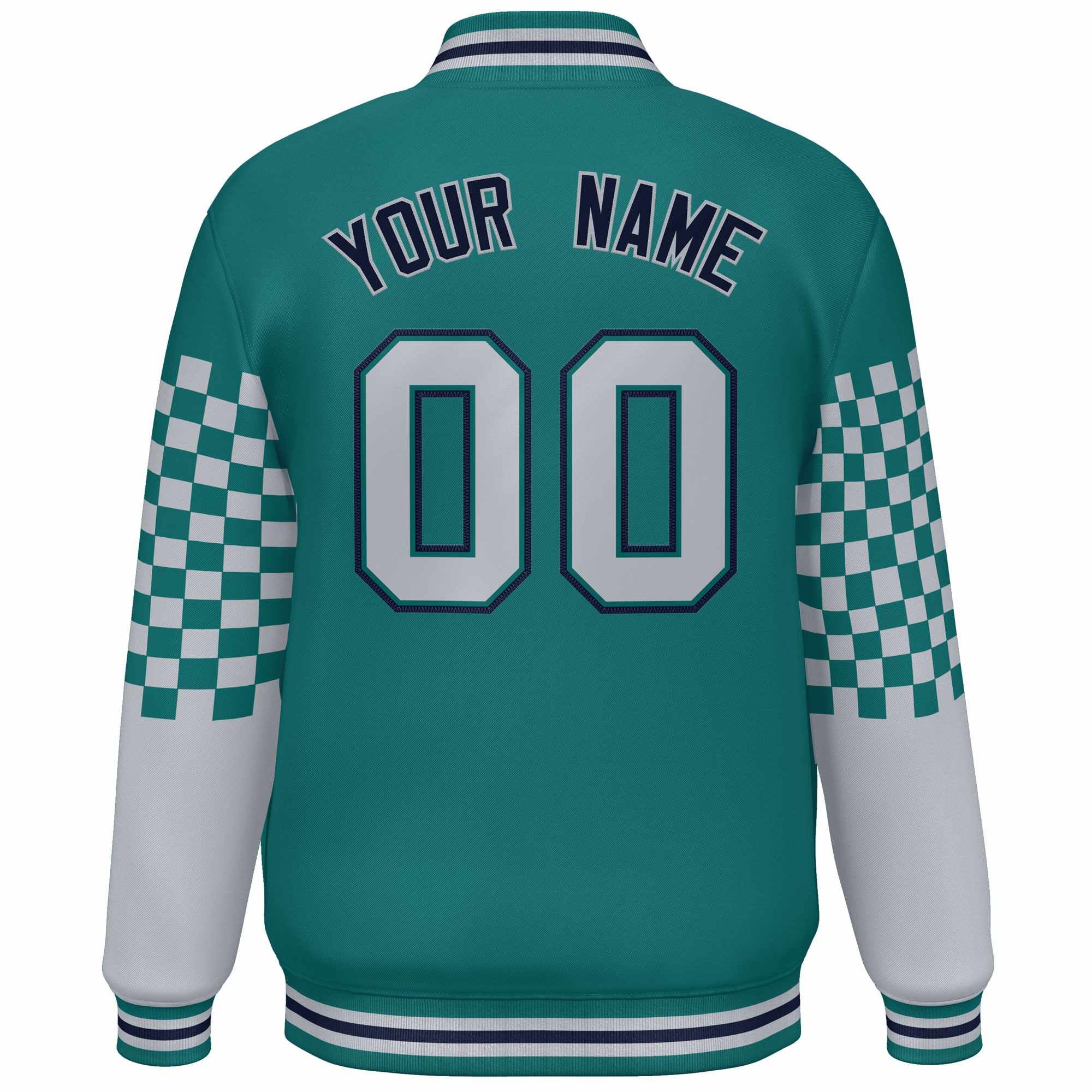 Custom Aqua Gray-Navy Checkered Pattern Color Block Bomber Varsity Jacket