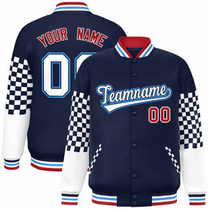 Custom Navy White-Powder Blue Checkered Pattern Color Block Bomber Varsity Jacket