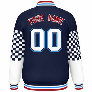 Custom Navy White-Powder Blue Checkered Pattern Color Block Bomber Varsity Jacket