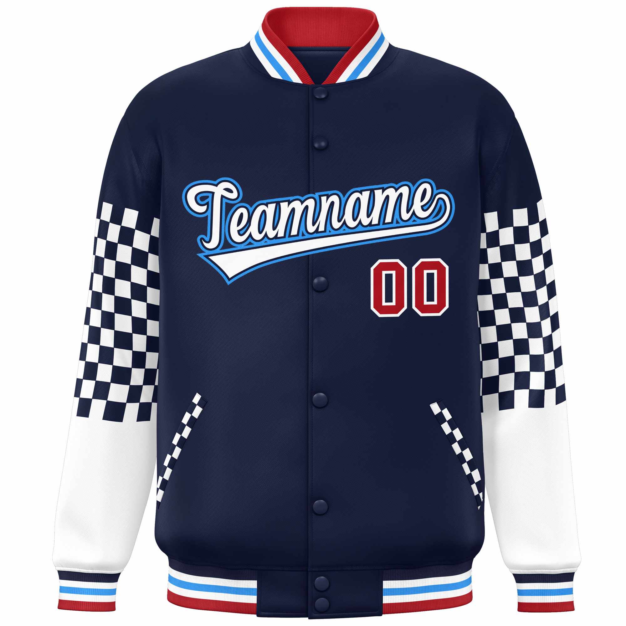 Custom Navy White-Powder Blue Checkered Pattern Color Block Bomber Varsity Jacket