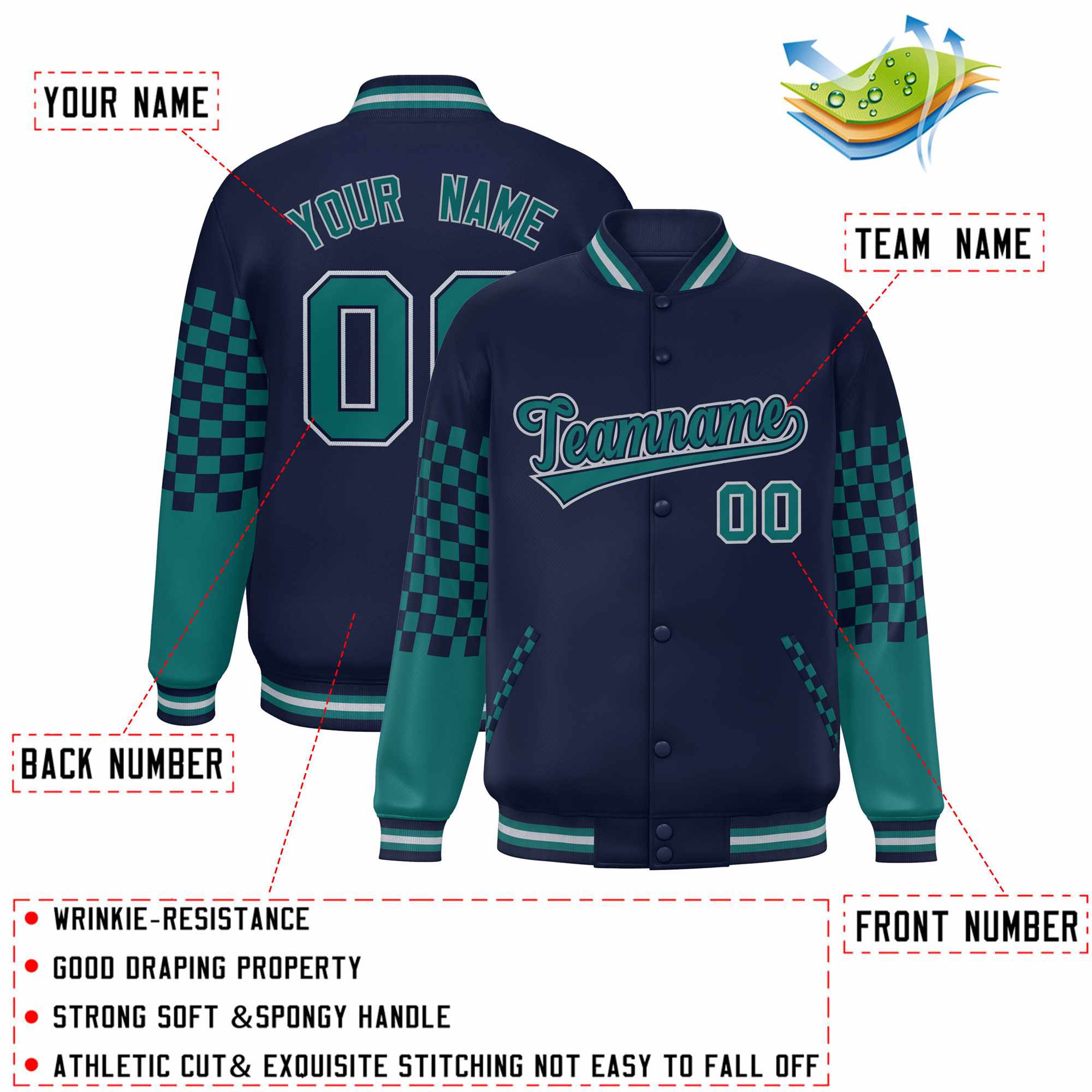 Custom Navy Aqua-Gray Checkered Pattern Color Block Bomber Varsity Jacket