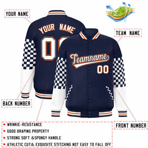 Custom Navy White-Orange Checkered Pattern Color Block Bomber Varsity Jacket