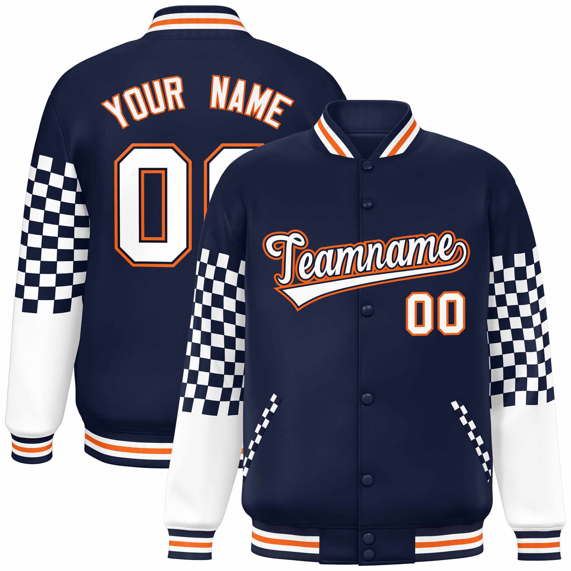 Custom Navy White-Orange Checkered Pattern Color Block Bomber Varsity Jacket