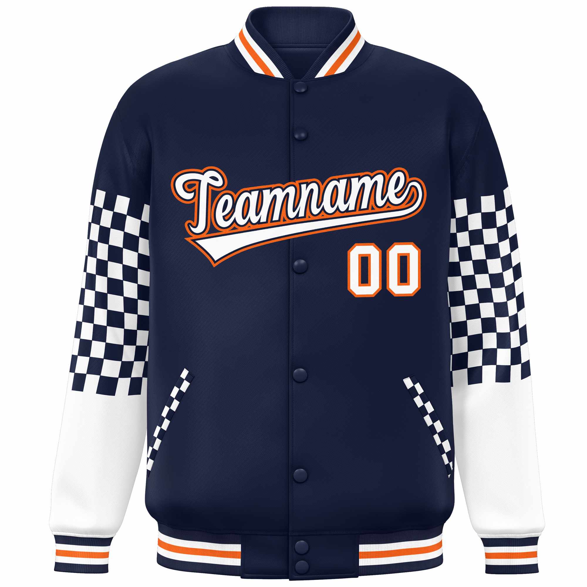 Custom Navy White-Orange Checkered Pattern Color Block Bomber Varsity Jacket