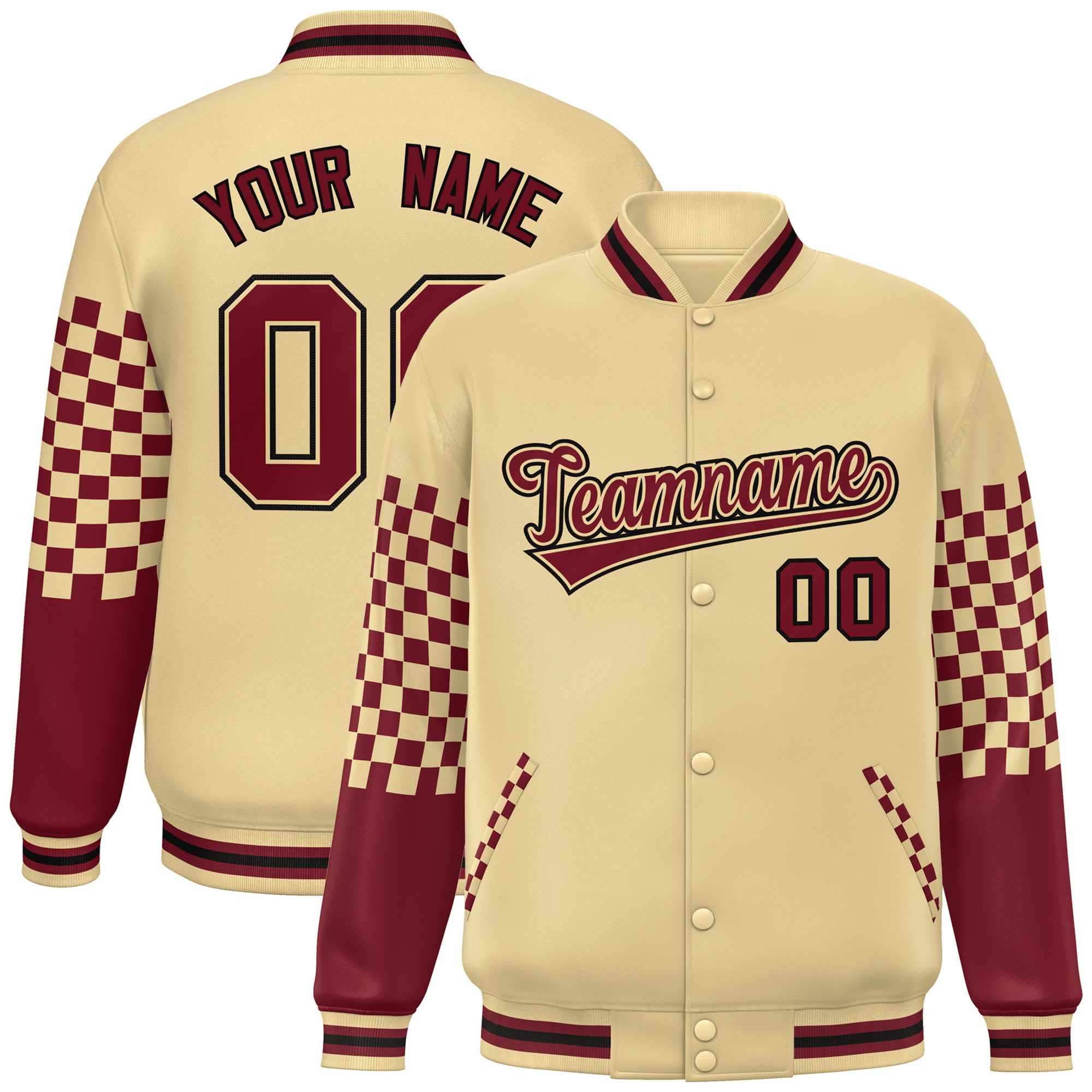 Custom Khaki Crimson-Black Checkered Pattern Color Block Bomber Varsity Jacket