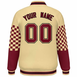 Custom Khaki Crimson-Black Checkered Pattern Color Block Bomber Varsity Jacket