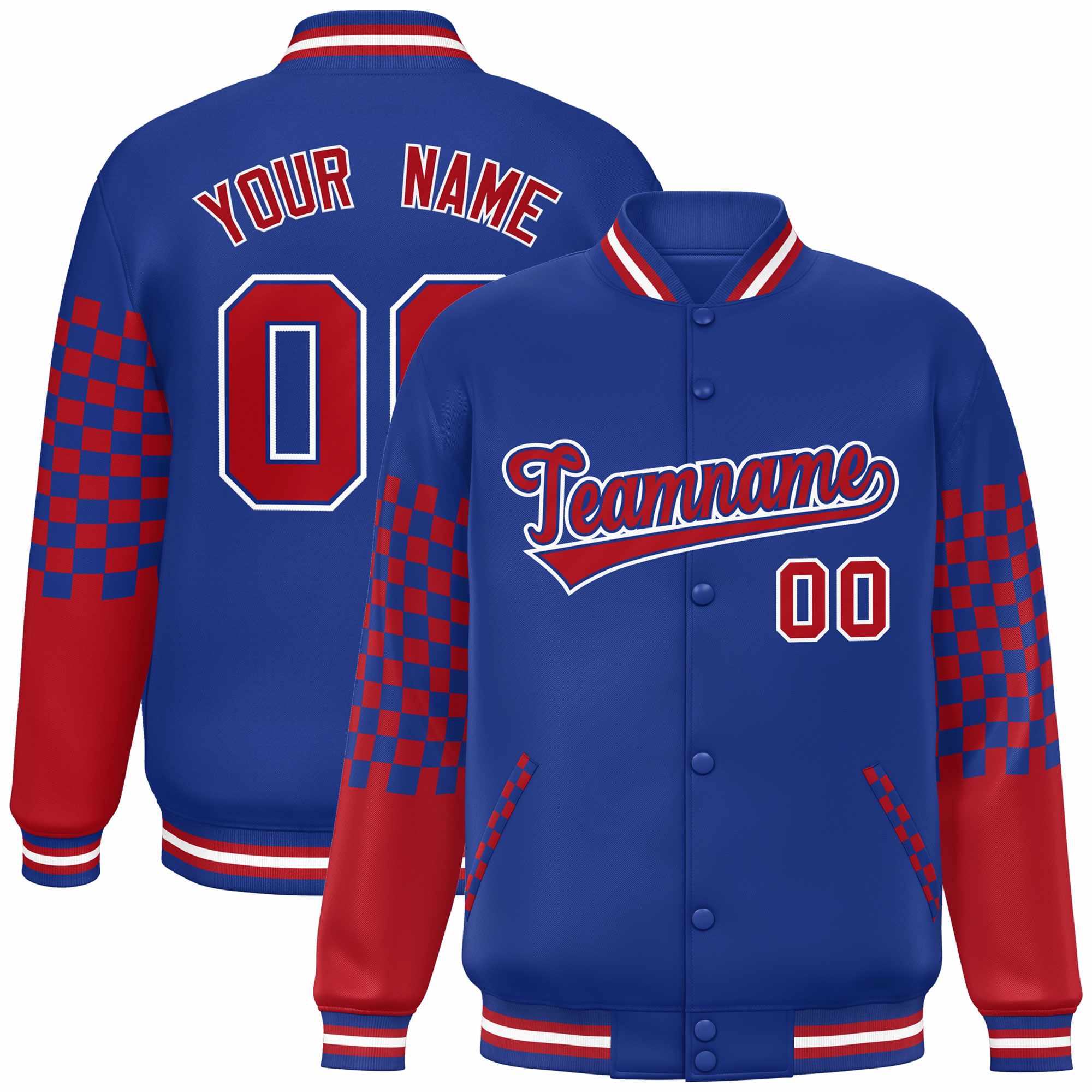 Custom Royal Red-White Checkered Pattern Color Block Bomber Varsity Jacket