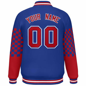 Custom Royal Red-White Checkered Pattern Color Block Bomber Varsity Jacket