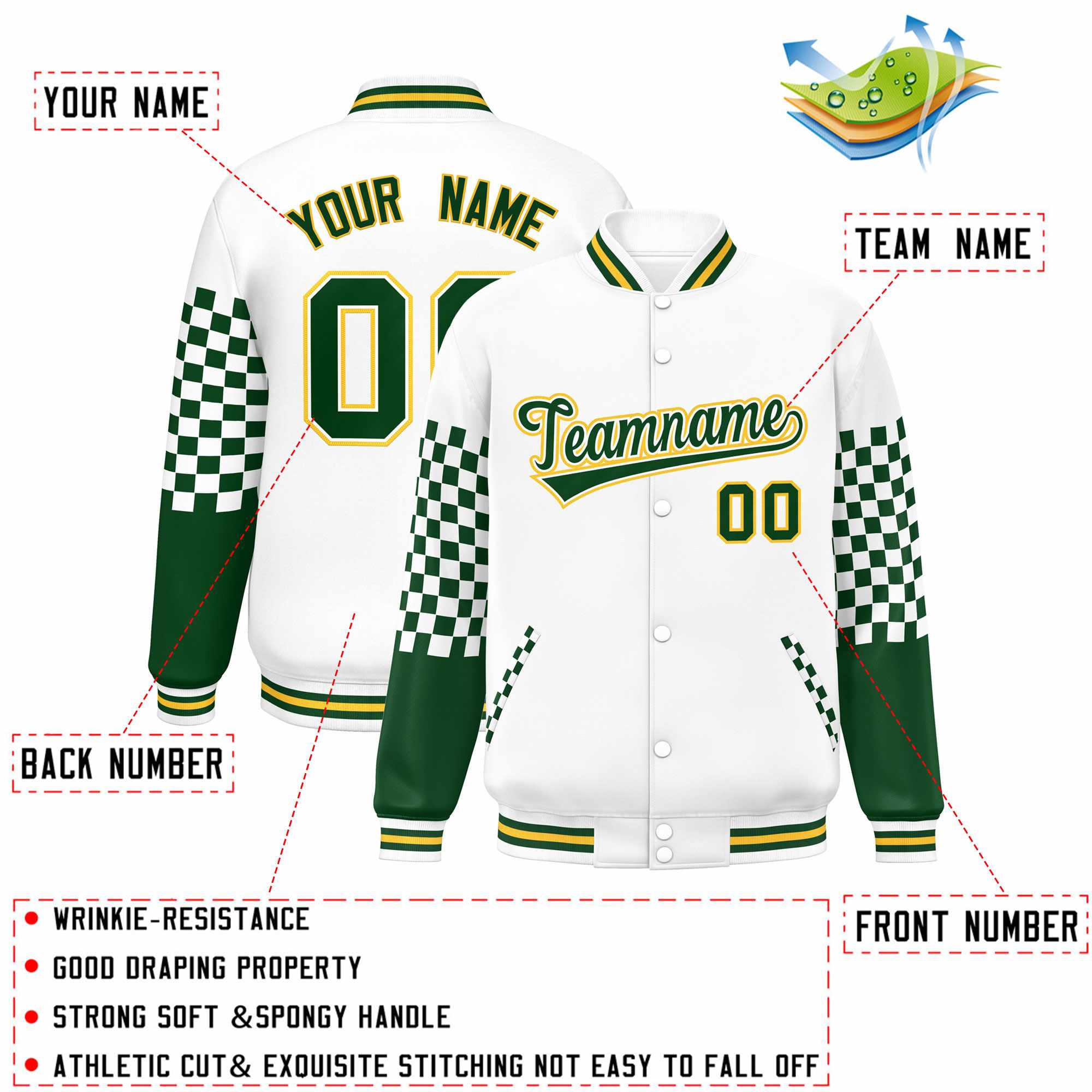 Custom White Green-Gold Checkered Pattern Color Block Bomber Varsity Jacket