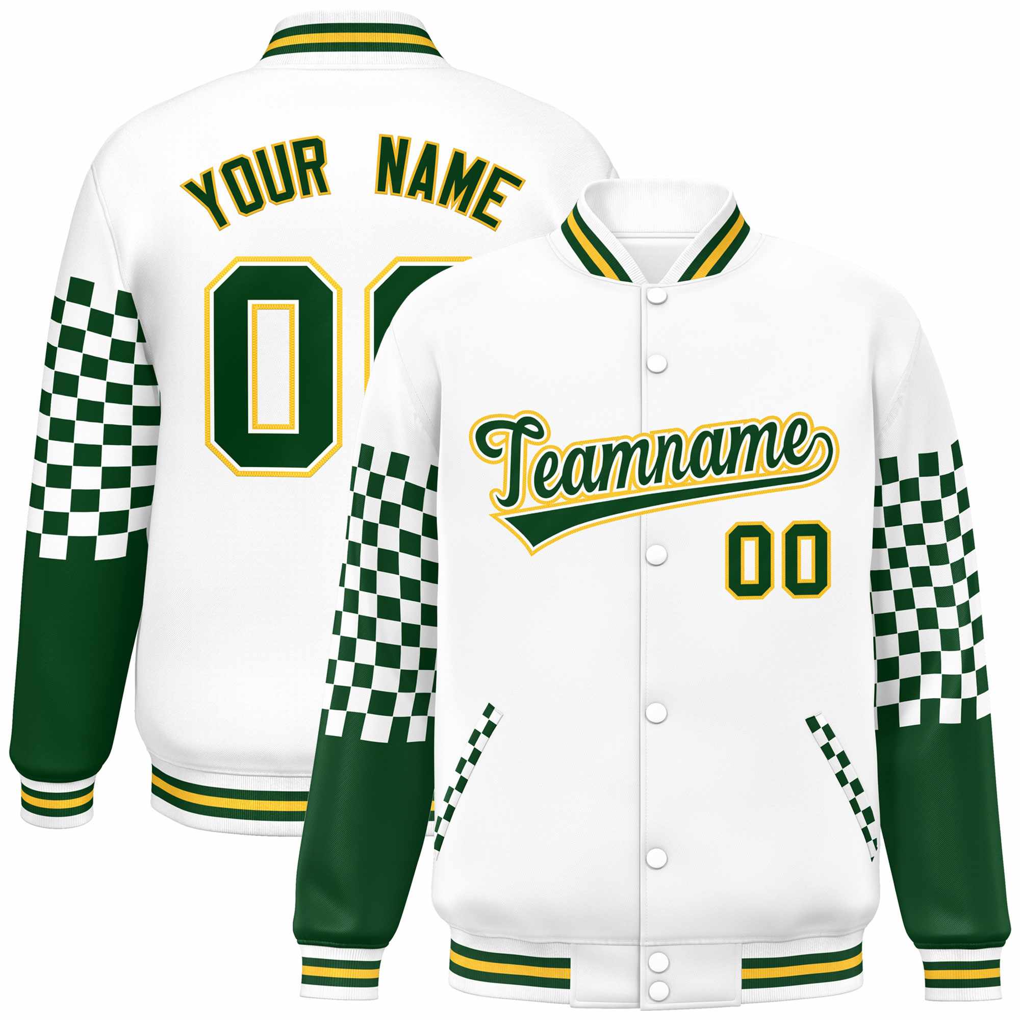 Custom White Green-Gold Checkered Pattern Color Block Bomber Varsity Jacket