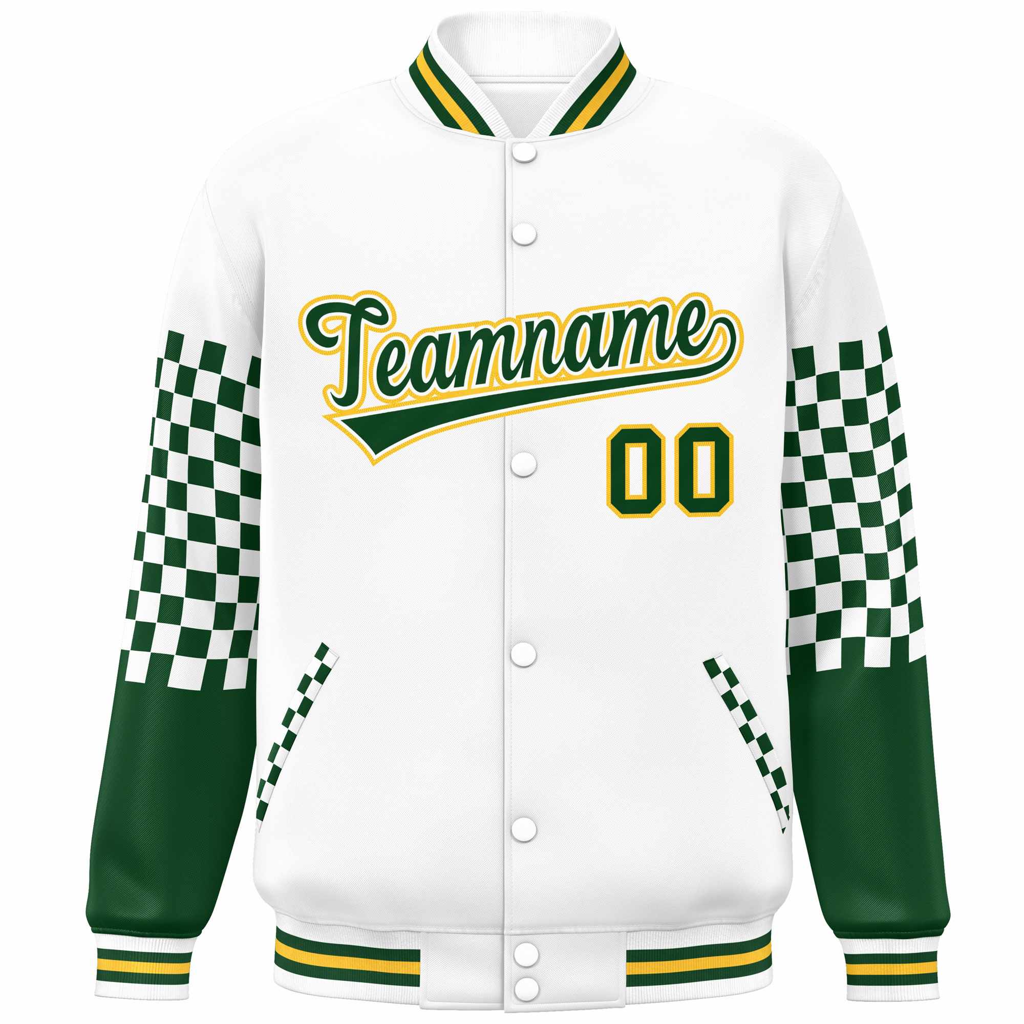 Custom White Green-Gold Checkered Pattern Color Block Bomber Varsity Jacket