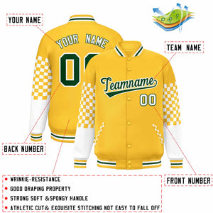 Custom Gold Green-White Checkered Pattern Color Block Bomber Varsity Jacket