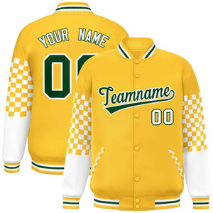 Custom Gold Green-White Checkered Pattern Color Block Bomber Varsity Jacket