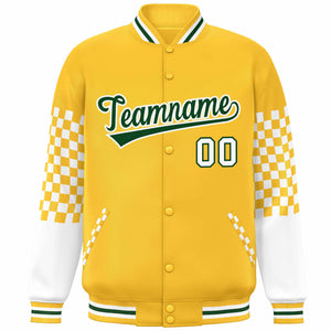 Custom Gold Green-White Checkered Pattern Color Block Bomber Varsity Jacket