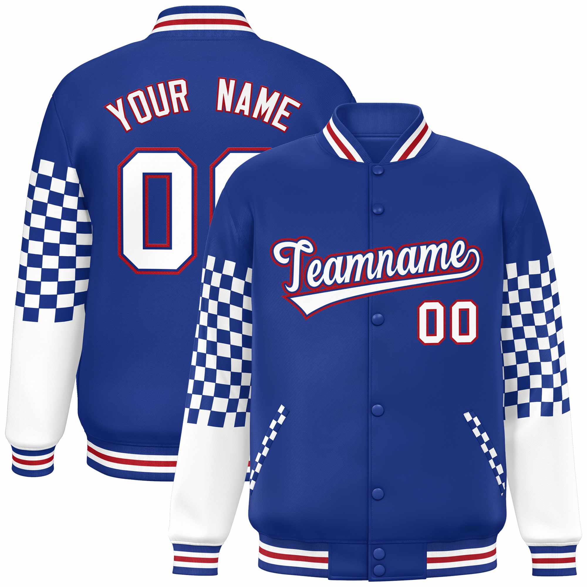 Custom Royal White-Red Checkered Pattern Color Block Bomber Varsity Jacket