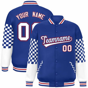 Custom Royal White-Red Checkered Pattern Color Block Bomber Varsity Jacket