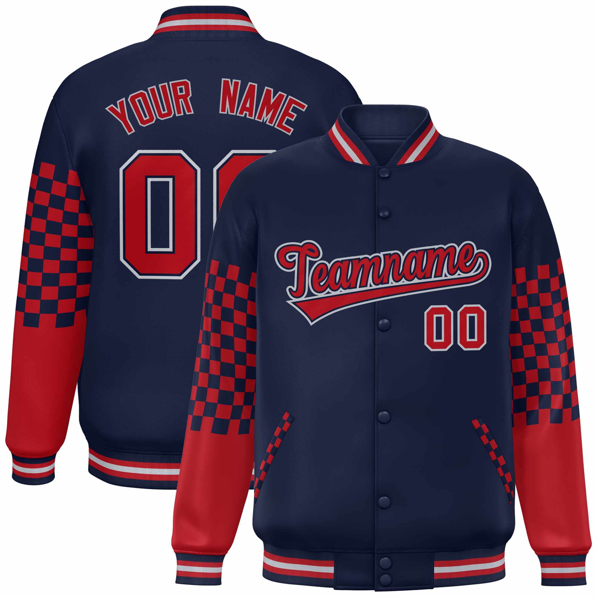 Custom Navy Red-Gray Checkered Pattern Color Block Bomber Varsity Jacket