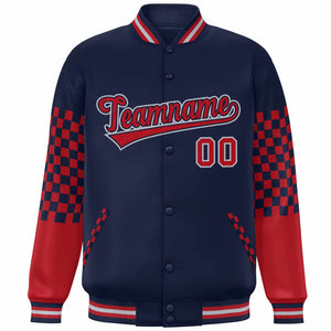 Custom Navy Red-Gray Checkered Pattern Color Block Bomber Varsity Jacket