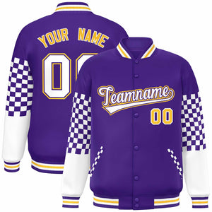 Custom Purple White-Gold Checkered Pattern Color Block Bomber Varsity Jacket