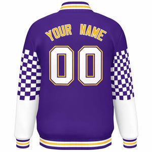 Custom Purple White-Gold Checkered Pattern Color Block Bomber Varsity Jacket