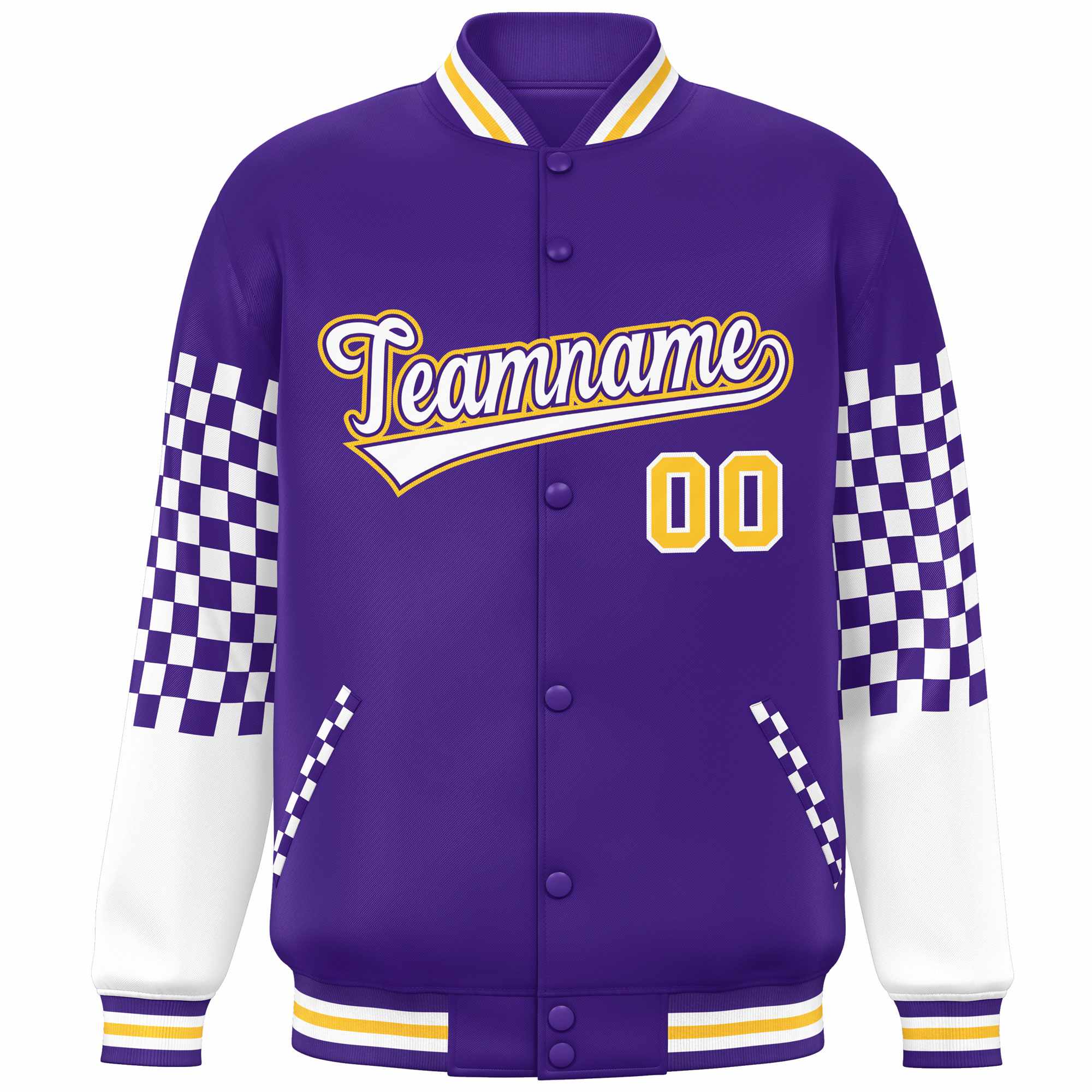 Custom Purple White-Gold Checkered Pattern Color Block Bomber Varsity Jacket