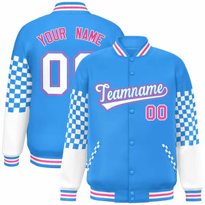 Custom Powder Blue White-Pink Checkered Pattern Color Block Bomber Varsity Jacket