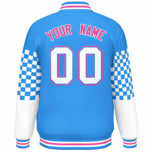 Custom Powder Blue White-Pink Checkered Pattern Color Block Bomber Varsity Jacket