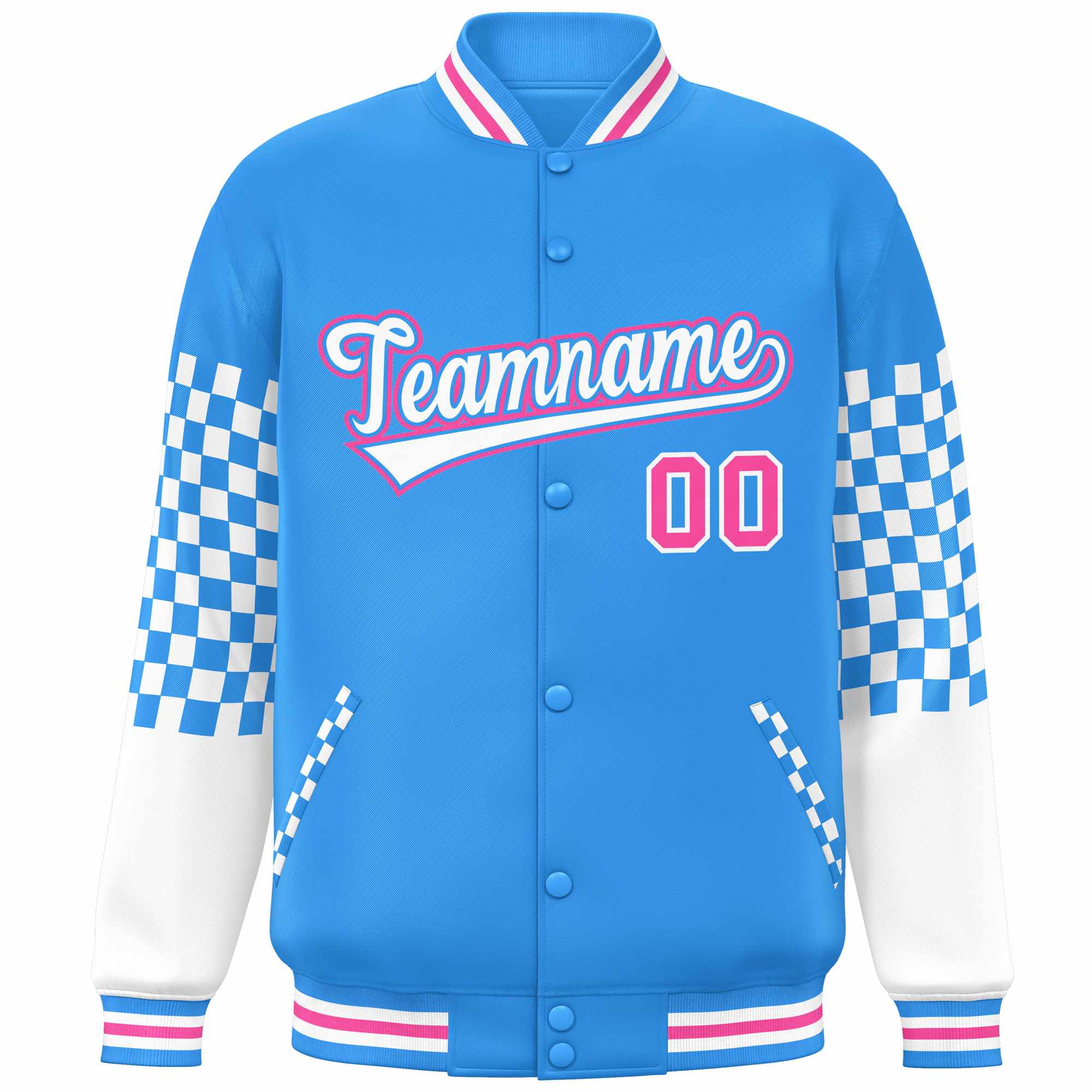 Custom Powder Blue White-Pink Checkered Pattern Color Block Bomber Varsity Jacket