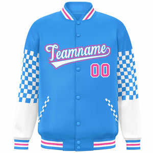 Custom Powder Blue White-Pink Checkered Pattern Color Block Bomber Varsity Jacket