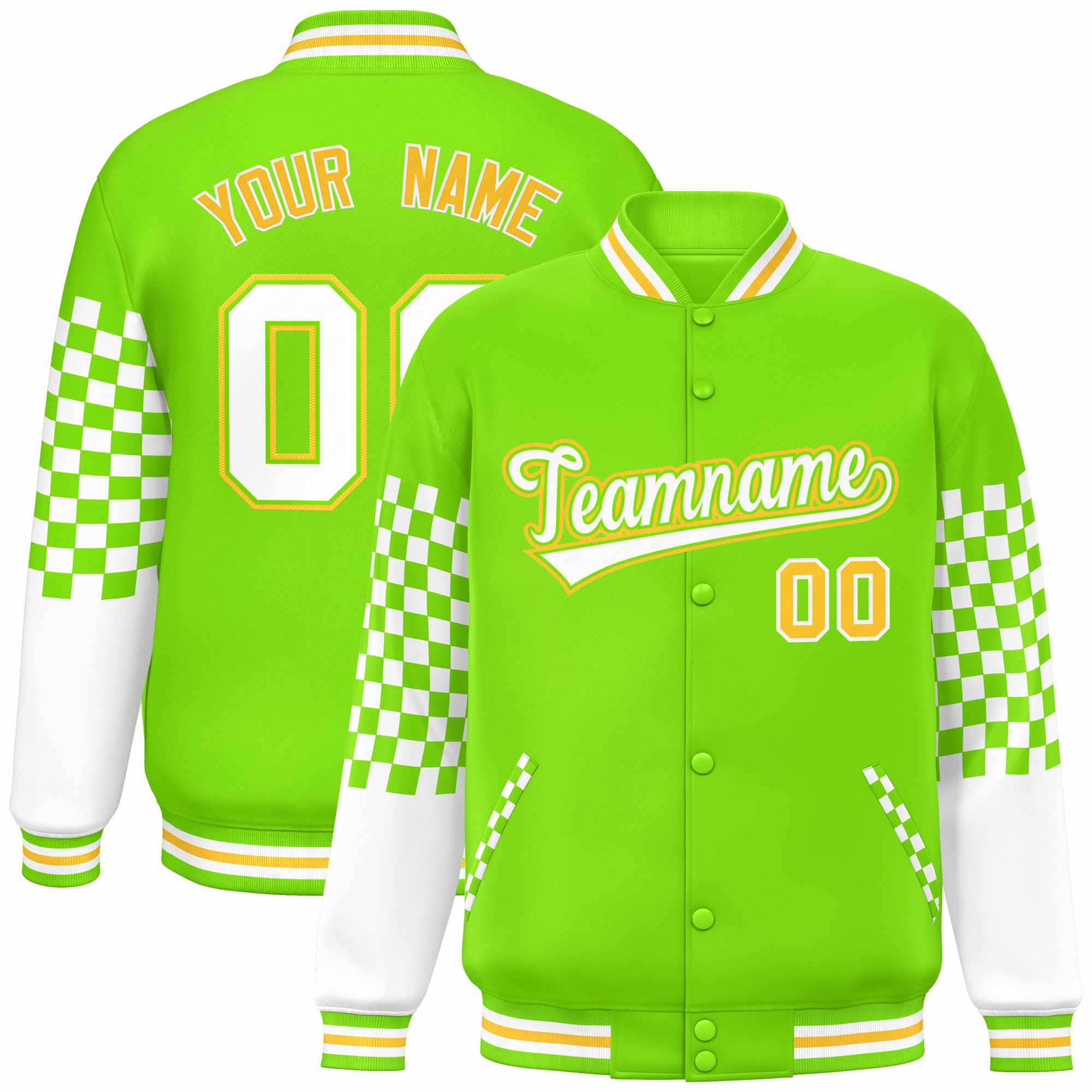 Custom Neon Green White-Gold Checkered Pattern Color Block Bomber Varsity Jacket