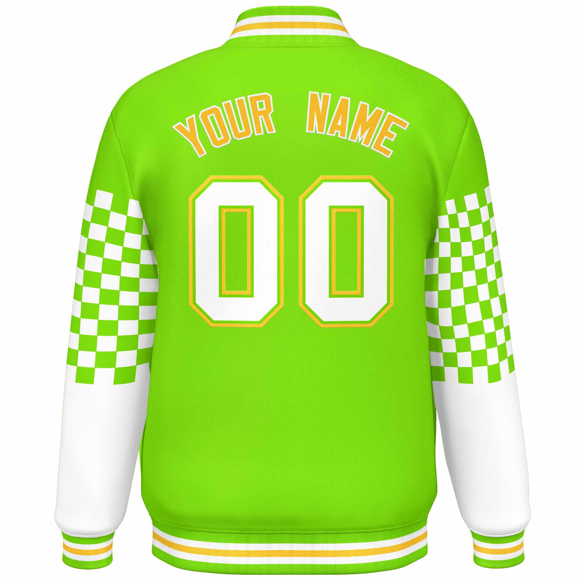 Custom Neon Green White-Gold Checkered Pattern Color Block Bomber Varsity Jacket