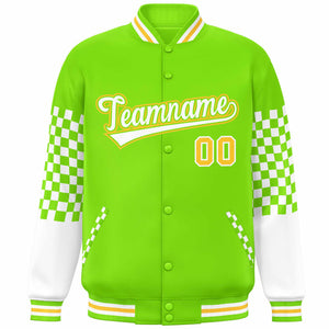 Custom Neon Green White-Gold Checkered Pattern Color Block Bomber Varsity Jacket