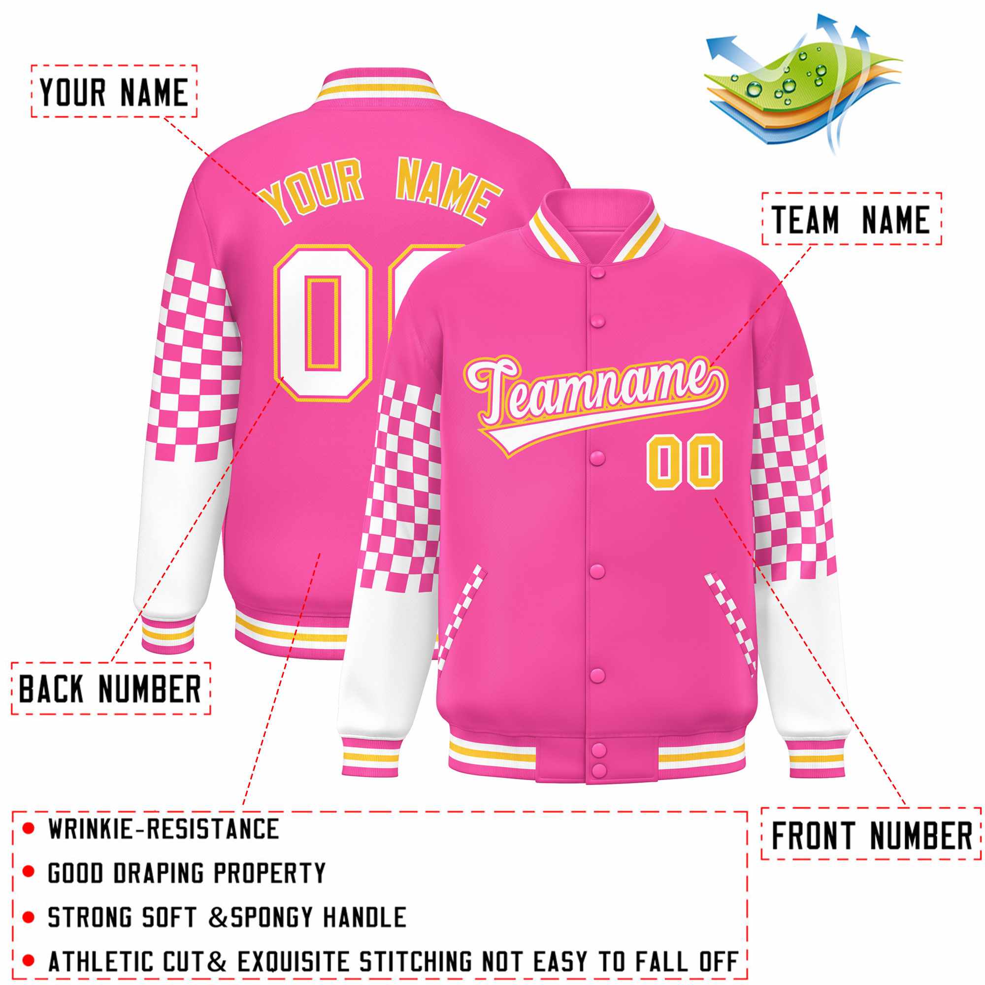 Custom Pink White-Gold Checkered Pattern Color Block Bomber Varsity Jacket