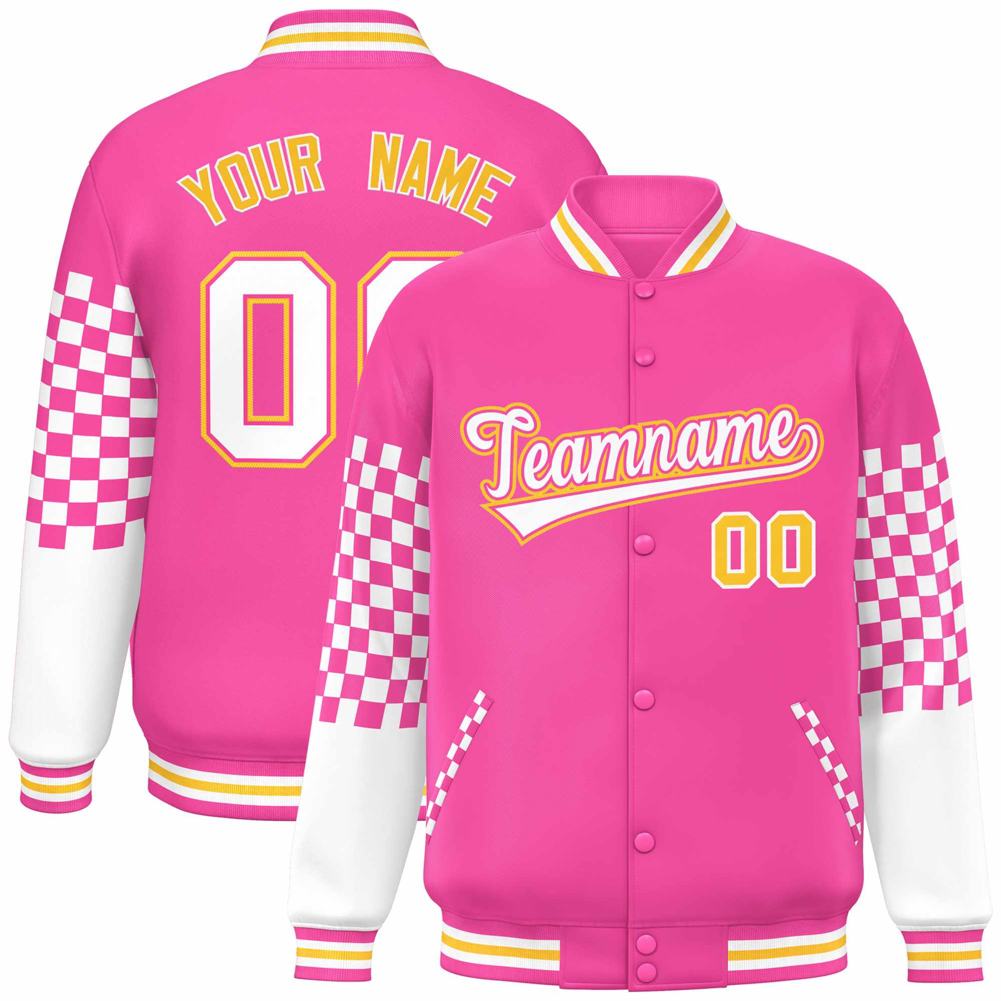 Custom Pink White-Gold Checkered Pattern Color Block Bomber Varsity Jacket