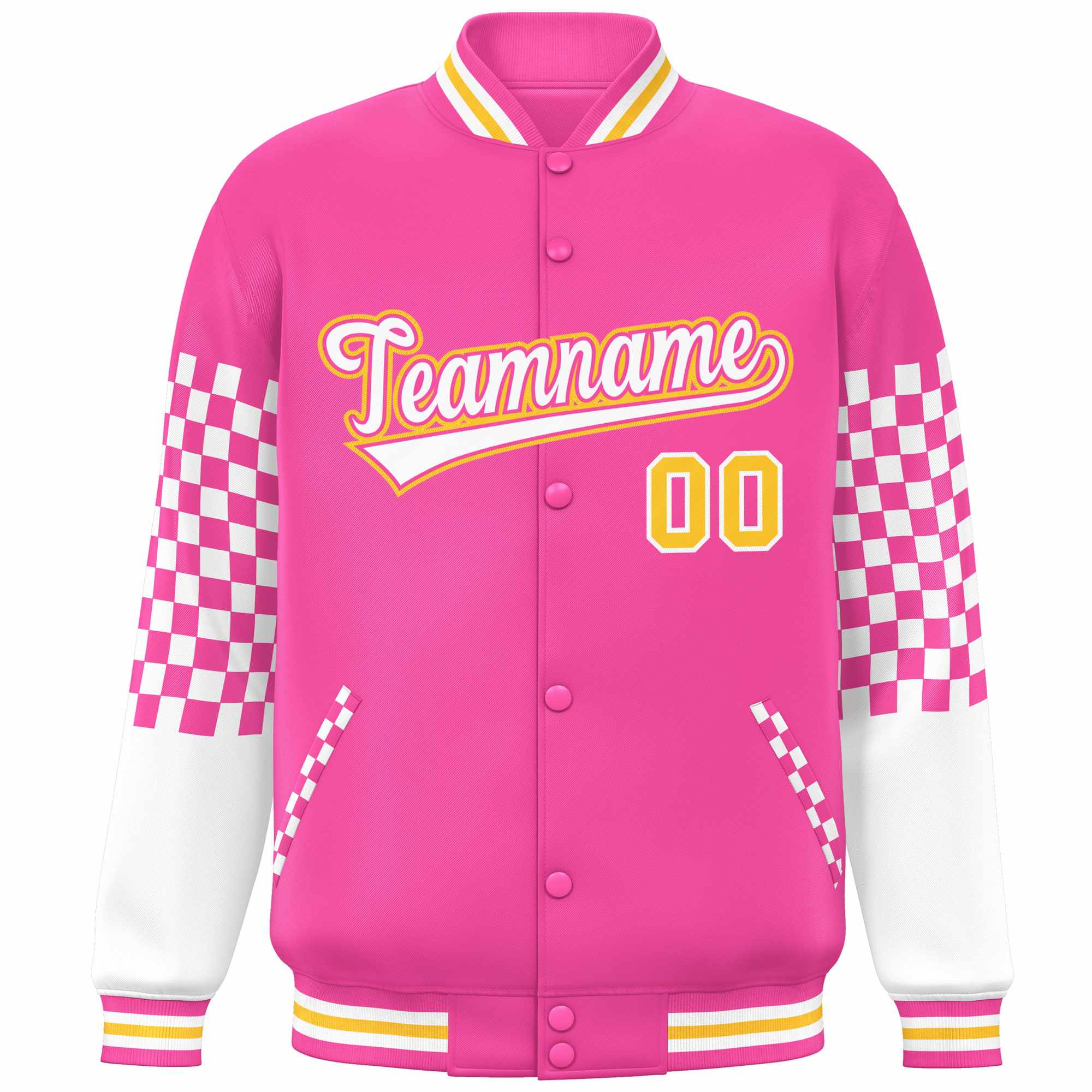 Custom Pink White-Gold Checkered Pattern Color Block Bomber Varsity Jacket