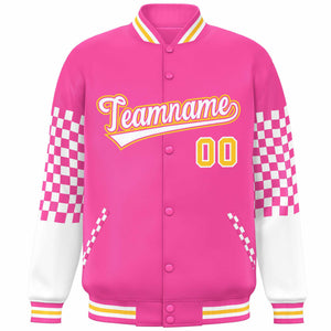 Custom Pink White-Gold Checkered Pattern Color Block Bomber Varsity Jacket