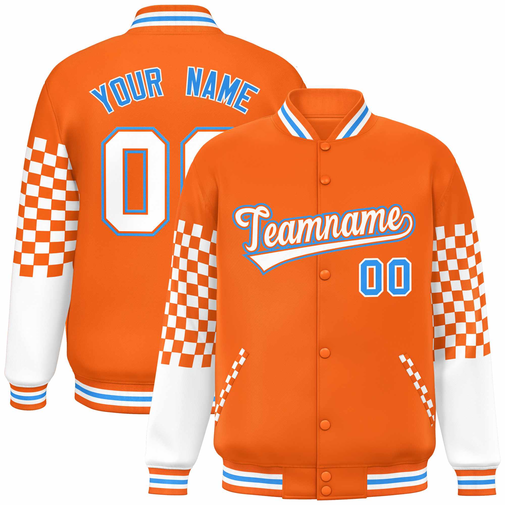 Custom Orange White-Powder Blue Checkered Pattern Color Block Bomber Varsity Jacket