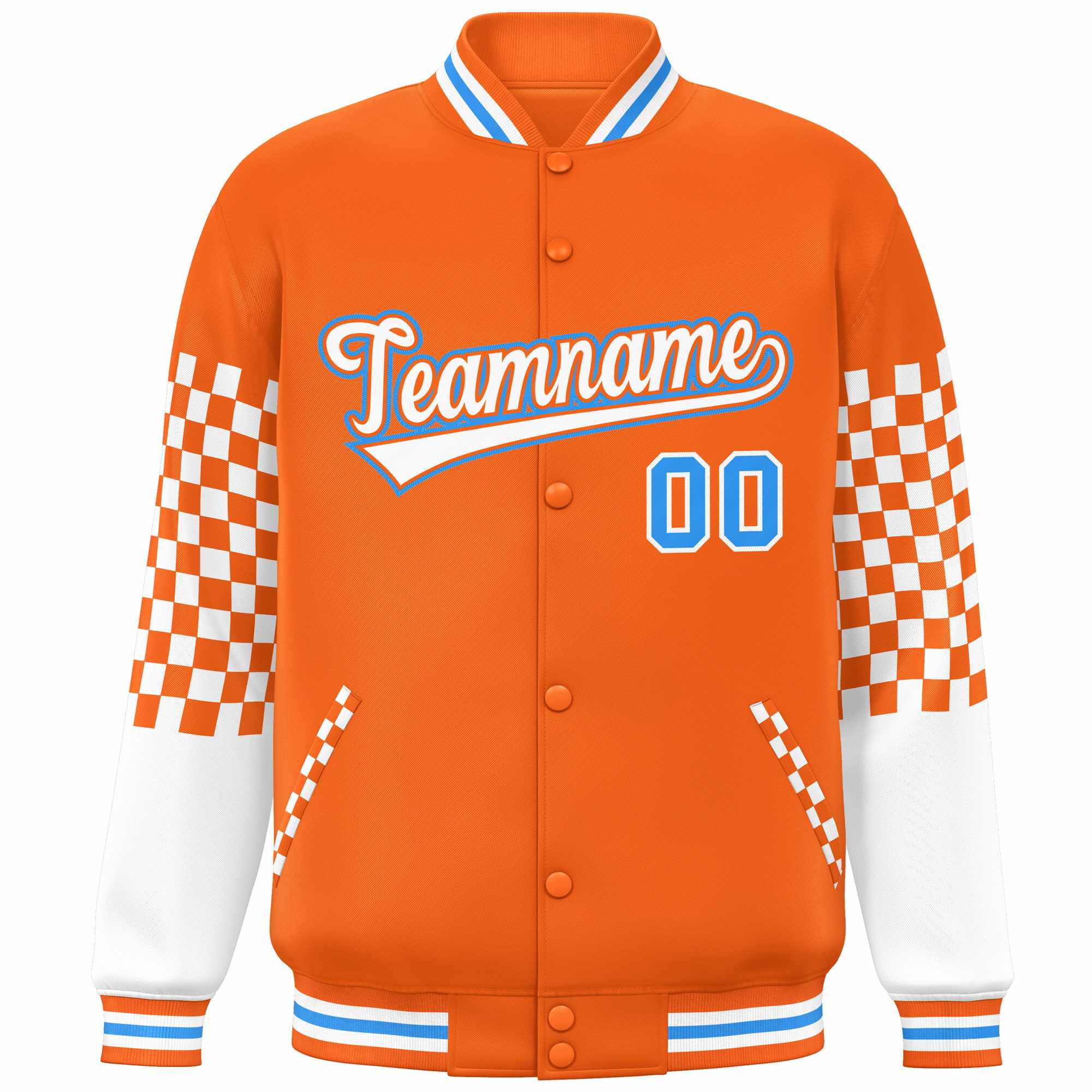 Custom Orange White-Powder Blue Checkered Pattern Color Block Bomber Varsity Jacket