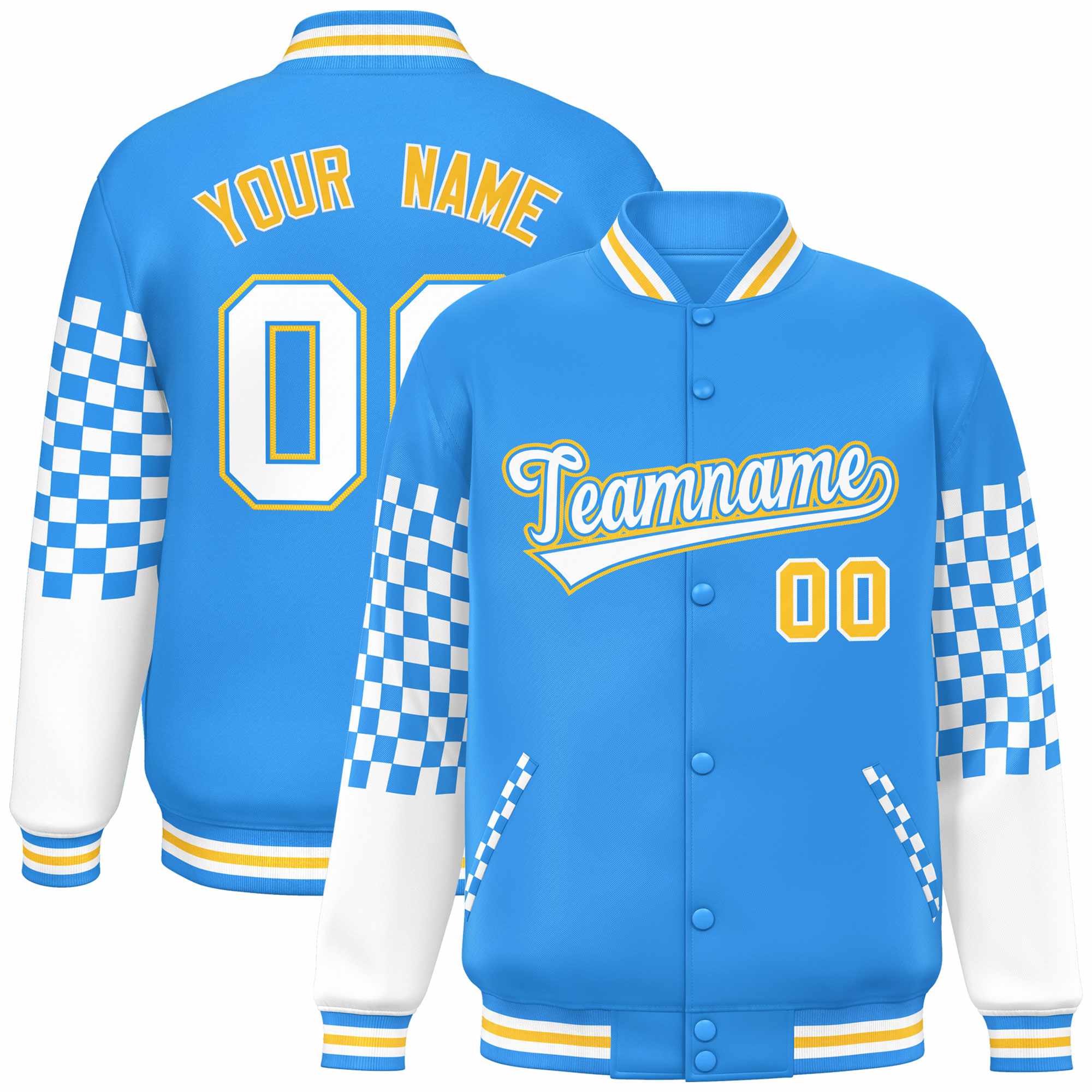 Custom Powder Blue White-Gold Checkered Pattern Color Block Bomber Varsity Jacket