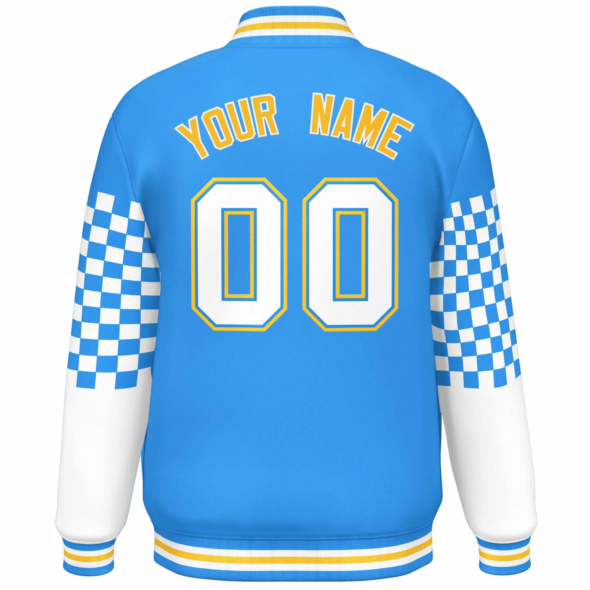 Custom Powder Blue White-Gold Checkered Pattern Color Block Bomber Varsity Jacket