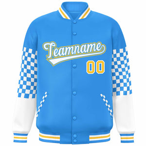 Custom Powder Blue White-Gold Checkered Pattern Color Block Bomber Varsity Jacket