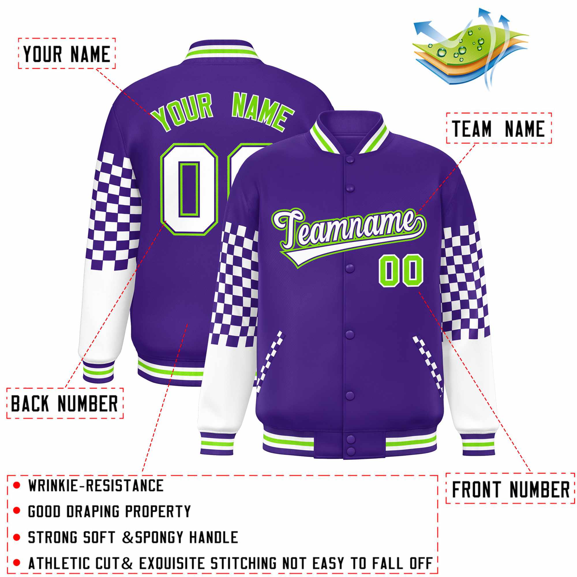 Custom Purple White-Neon Green Checkered Pattern Color Block Bomber Varsity Jacket