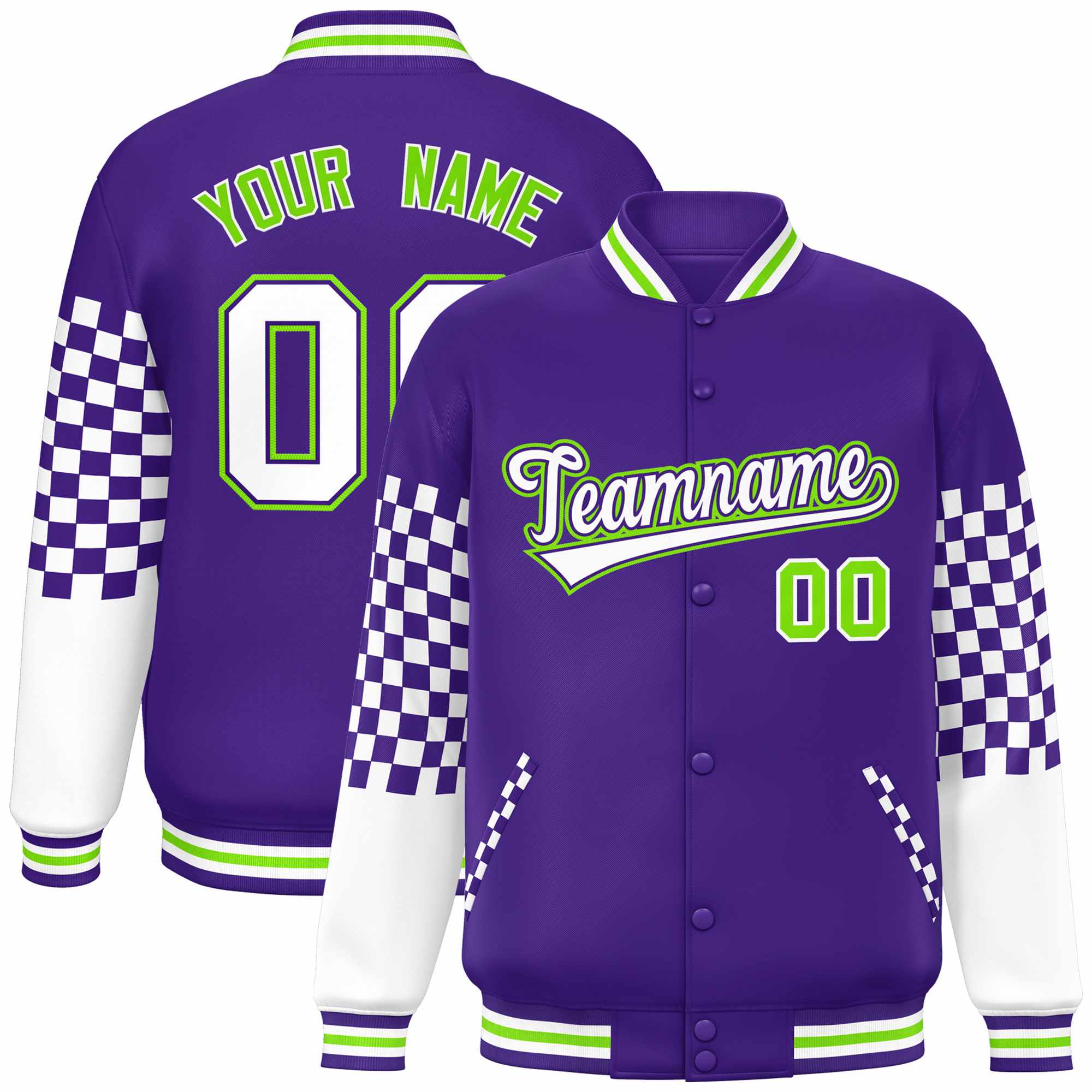 Custom Purple White-Neon Green Checkered Pattern Color Block Bomber Varsity Jacket