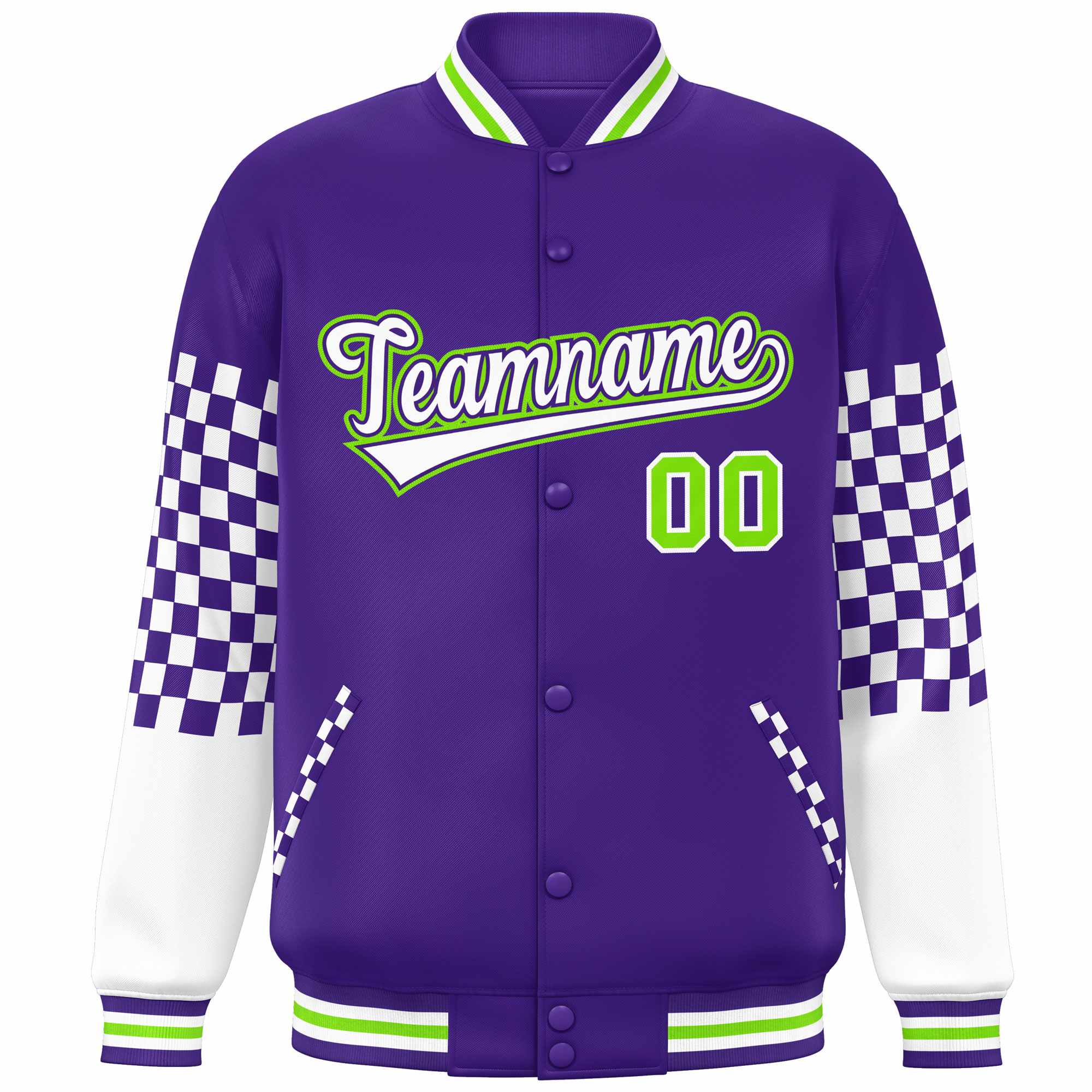 Custom Purple White-Neon Green Checkered Pattern Color Block Bomber Varsity Jacket