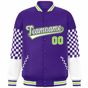 Custom Purple White-Neon Green Checkered Pattern Color Block Bomber Varsity Jacket