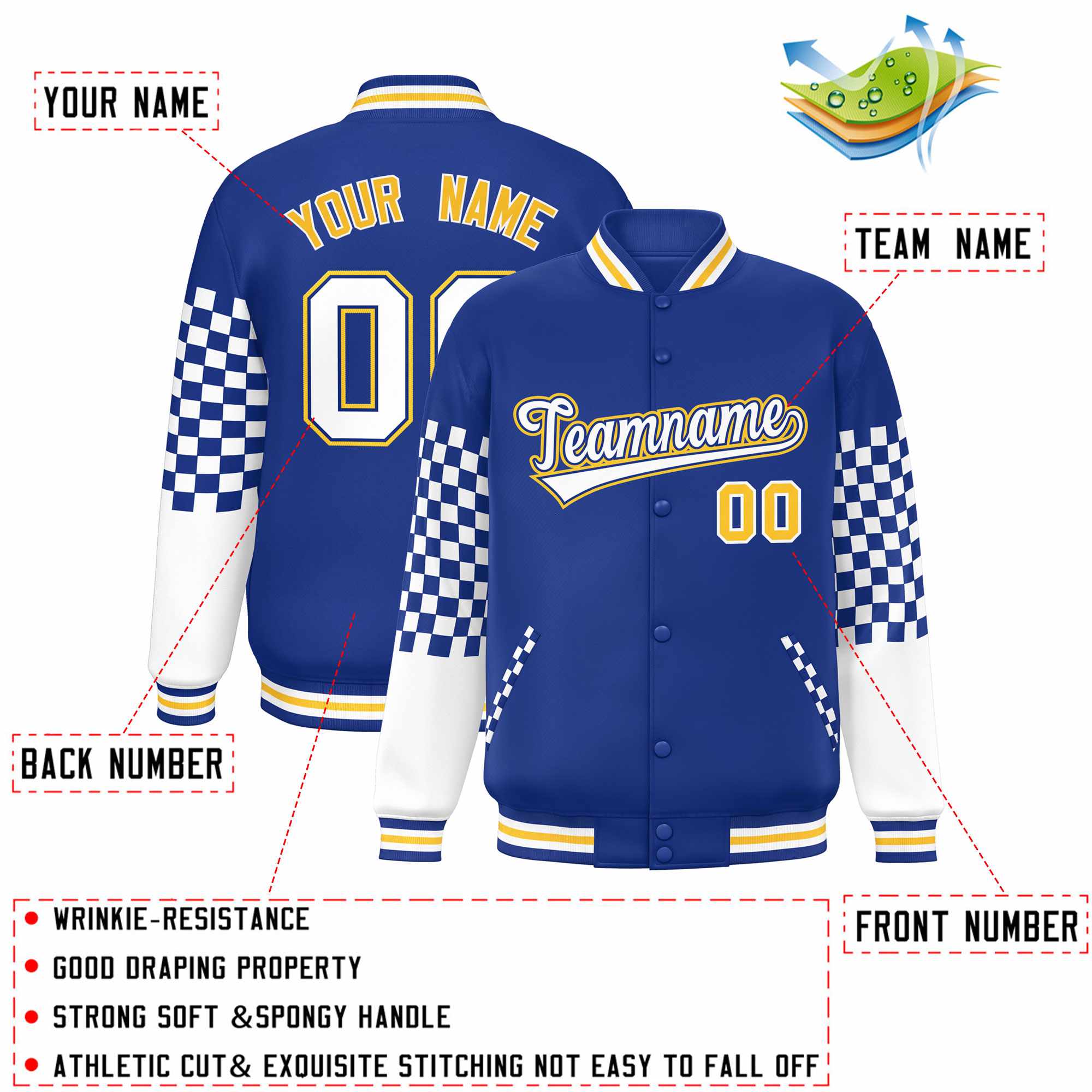 Custom Royal White-Gold Checkered Pattern Color Block Bomber Varsity Jacket