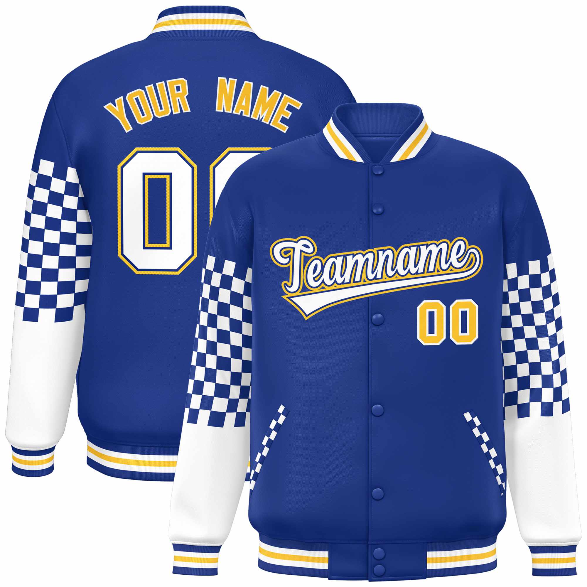 Custom Royal White-Gold Checkered Pattern Color Block Bomber Varsity Jacket